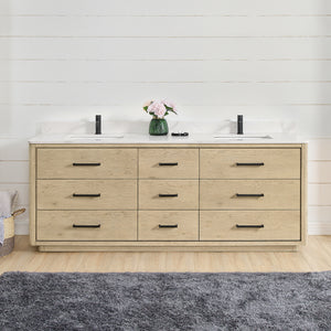 Open image in slideshow, Porto 84&quot; Free-standing Double Bath Vanity in Aged Natural Oak with Fish Maw White Quartz Stone Top
