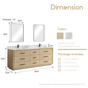 Porto 84" Free-standing Double Bath Vanity in Aged Natural Oak with Fish Maw White Quartz Stone Top