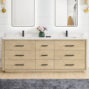 Porto 84" Free-standing Double Bath Vanity in Aged Natural Oak with Fish Maw White Quartz Stone Top