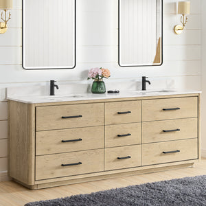 Porto 84" Free-standing Double Bath Vanity in Aged Natural Oak with Fish Maw White Quartz Stone Top