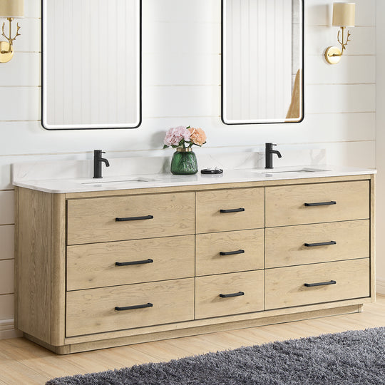 Issac Edwards 84" Free-standing Double Bath Vanity in Aged Natural Oak with Fish Maw White Quartz Stone Top and Mirror