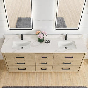 Porto 84" Free-standing Double Bath Vanity in Aged Natural Oak with Fish Maw White Quartz Stone Top