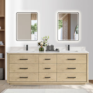 Open image in slideshow, Porto 84&quot; Free-standing Double Bath Vanity in Aged Natural Oak with Fish Maw White Quartz Stone Top
