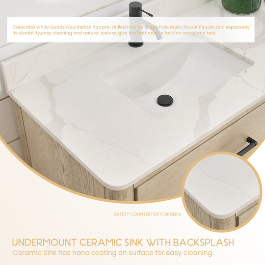 Issac Edwards 84" Free-standing Double Bath Vanity in Aged Natural Oak with Fish Maw White Quartz Stone Top and Mirror