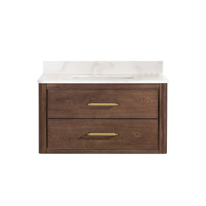 Open image in slideshow, Cristo 36&quot; Floating Single Bath Vanity in Aged Dark Brown Oak with Fish Maw White Quartz Stone Top
