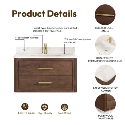 Cristo 36" Floating Single Bath Vanity in Aged Dark Brown Oak with Fish Maw White Quartz Stone Top