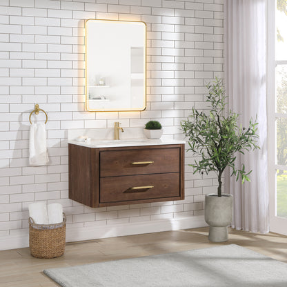 Cristo 36" Floating Single Bath Vanity in Aged Dark Brown Oak with Fish Maw White Quartz Stone Top