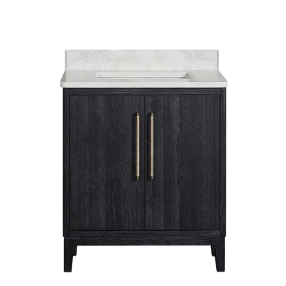 Gara 30" Free-standing Single Bath Vanity in Fir Wood Black with White Grain Composite Stone Top
