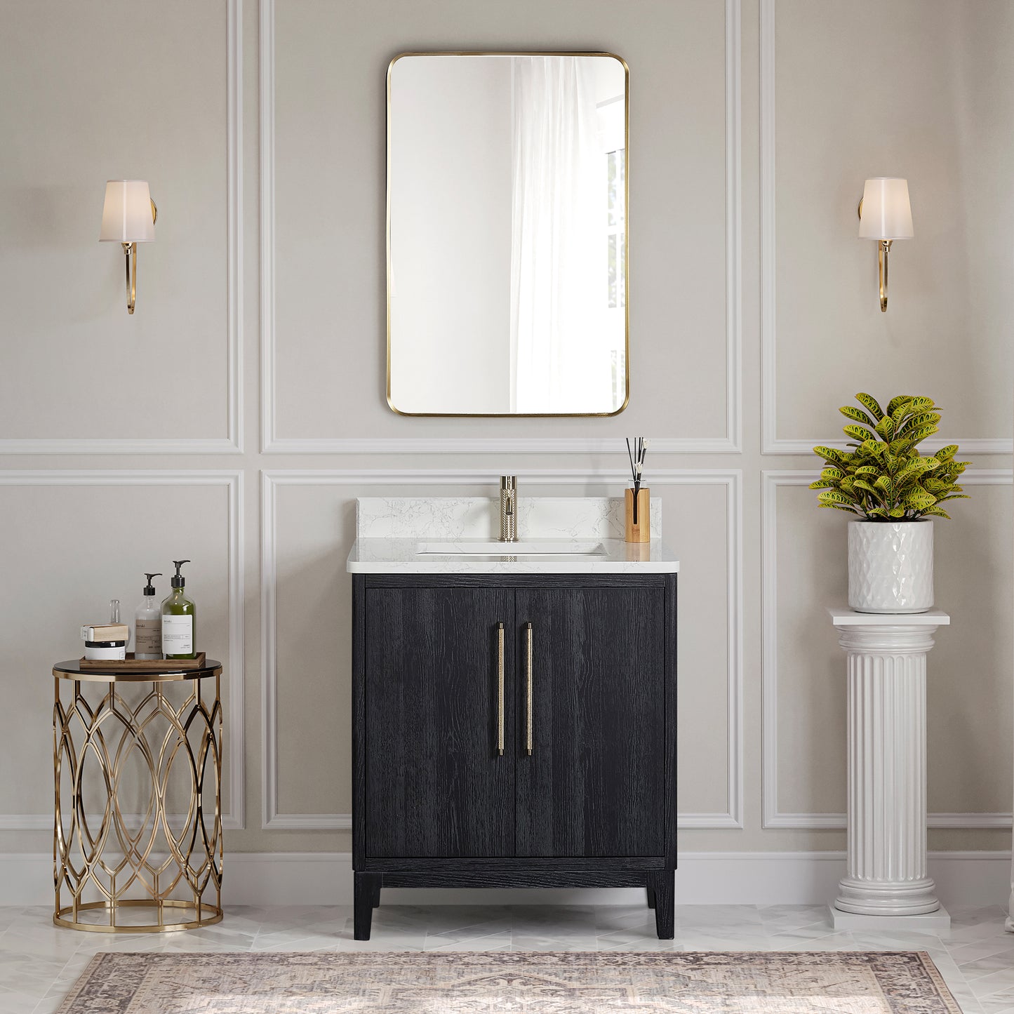 Gara 30" Free-standing Single Bath Vanity in Fir Wood Black with White Grain Composite Stone Top