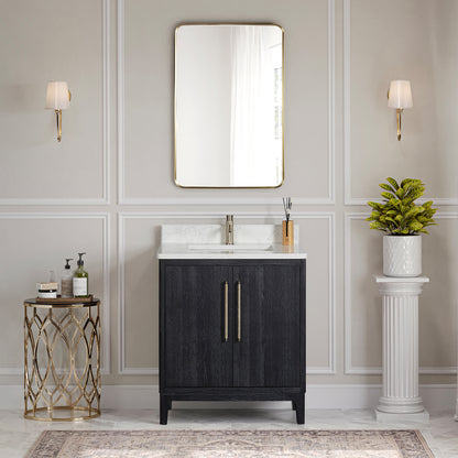 Gara 30" Free-standing Single Bath Vanity in Fir Wood Black with White Grain Composite Stone Top
