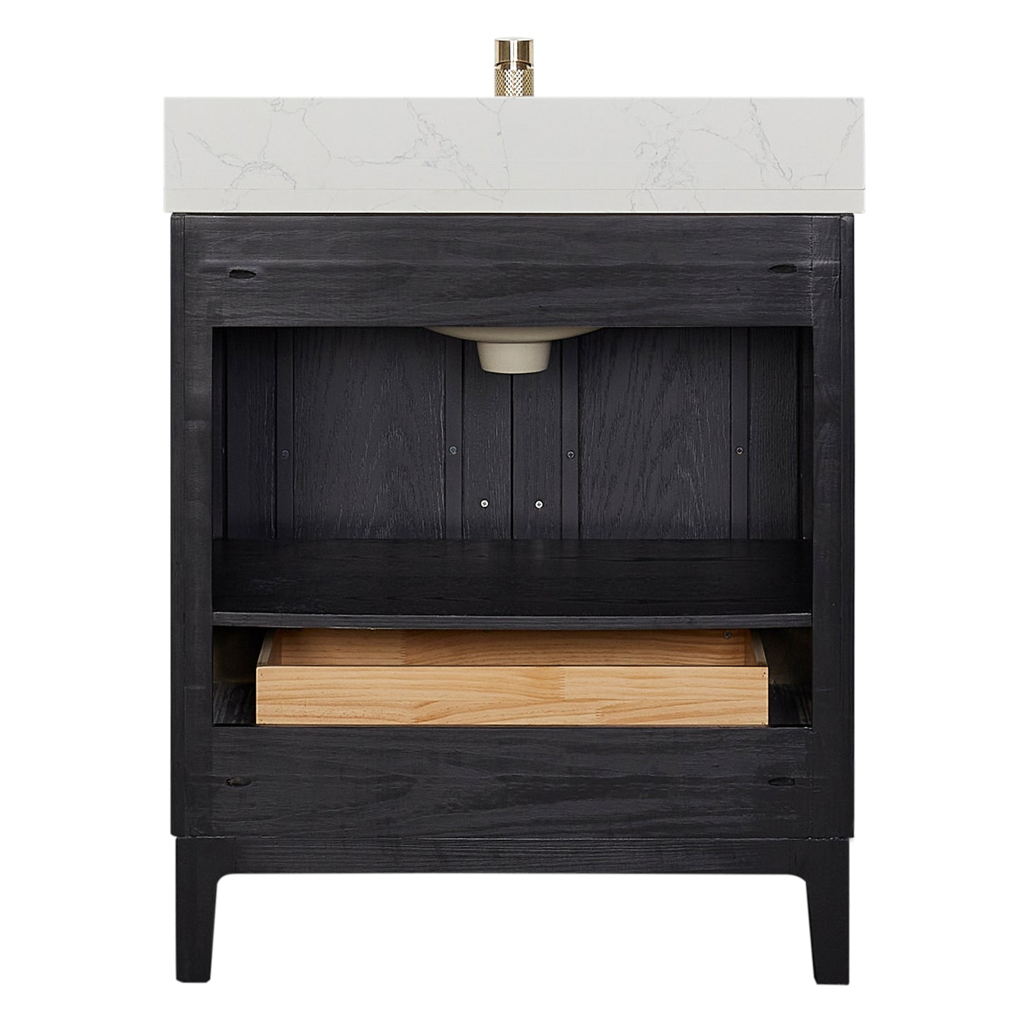 Gara 30" Free-standing Single Bath Vanity in Fir Wood Black with White Grain Composite Stone Top