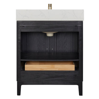 Gara 30" Free-standing Single Bath Vanity in Fir Wood Black with White Grain Composite Stone Top