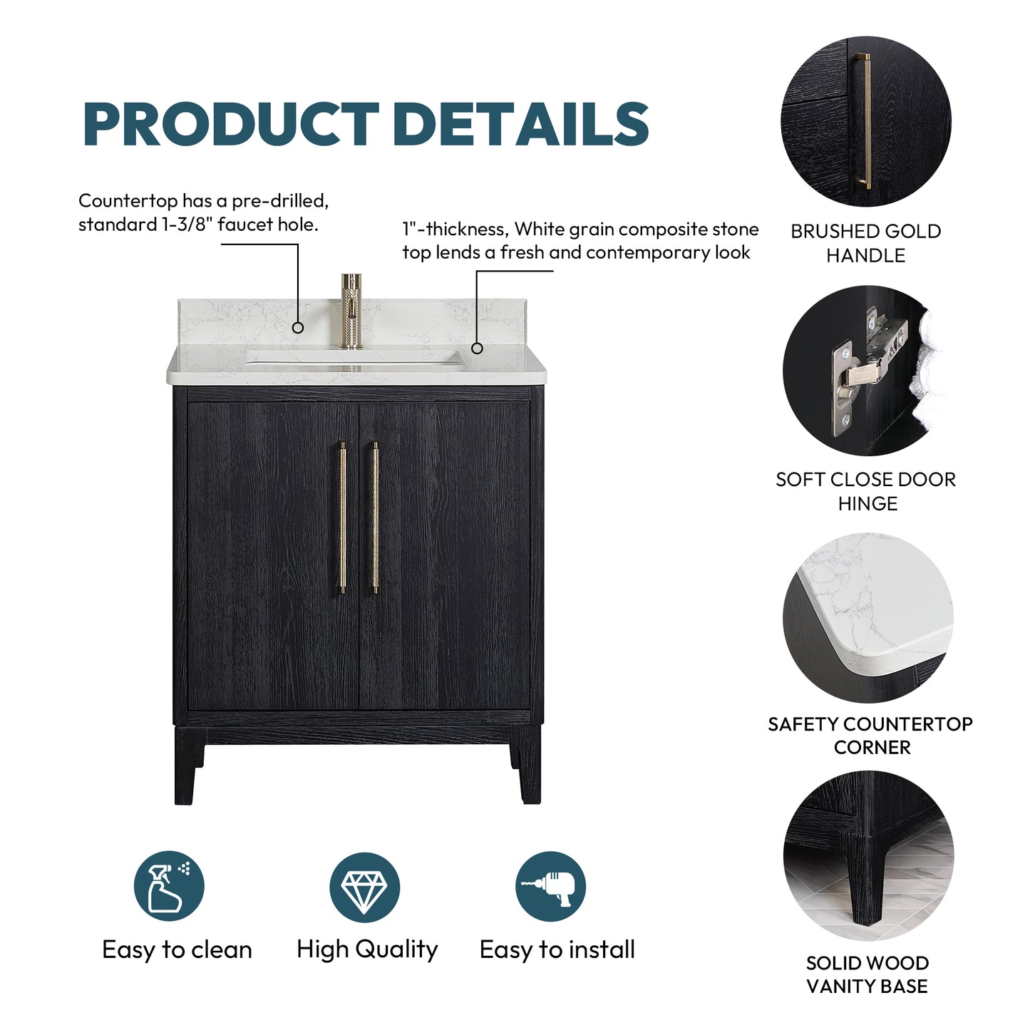 Gara 30" Free-standing Single Bath Vanity in Fir Wood Black with White Grain Composite Stone Top
