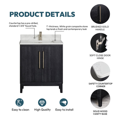 Gara 30" Free-standing Single Bath Vanity in Fir Wood Black with White Grain Composite Stone Top