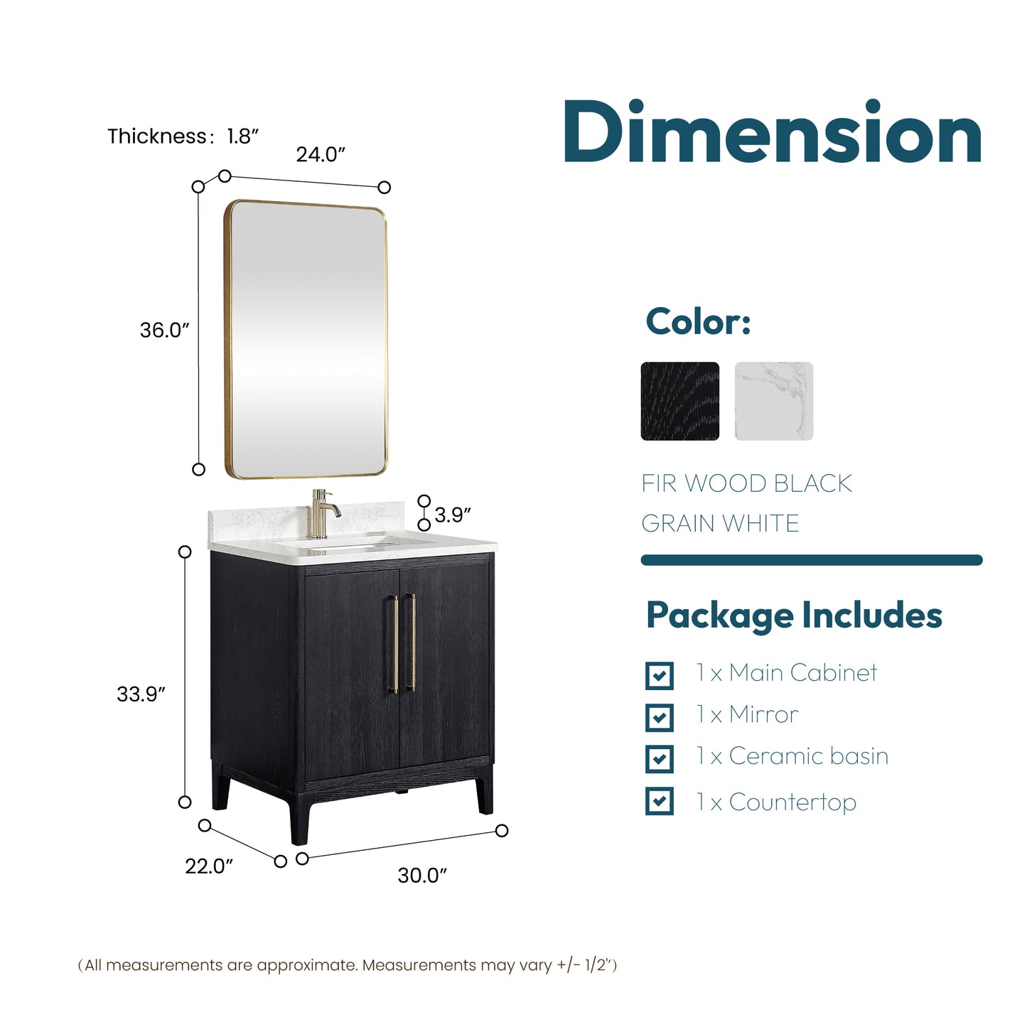 Gara 30" Free-standing Single Bath Vanity in Fir Wood Black with White Grain Composite Stone Top