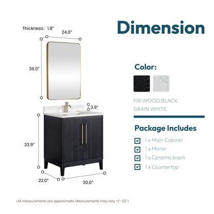 Gara 30" Free-standing Single Bath Vanity in Fir Wood Black with White Grain Composite Stone Top