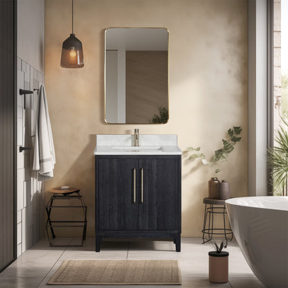 Gara 30" Free-standing Single Bath Vanity in Fir Wood Black with White Grain Composite Stone Top