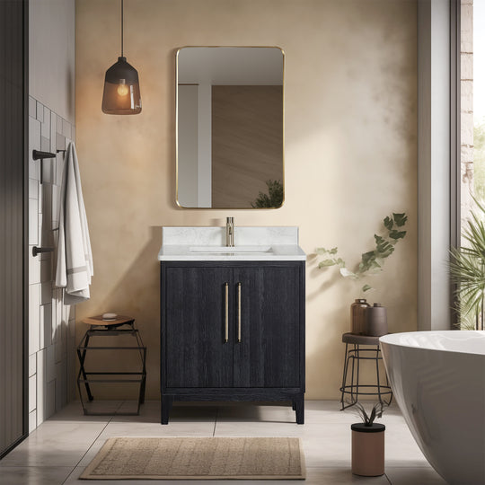 Issac Edwards 30" Free-standing Single Bath Vanity in Fir Wood Black with White Grain Composite Stone Top and Mirror
