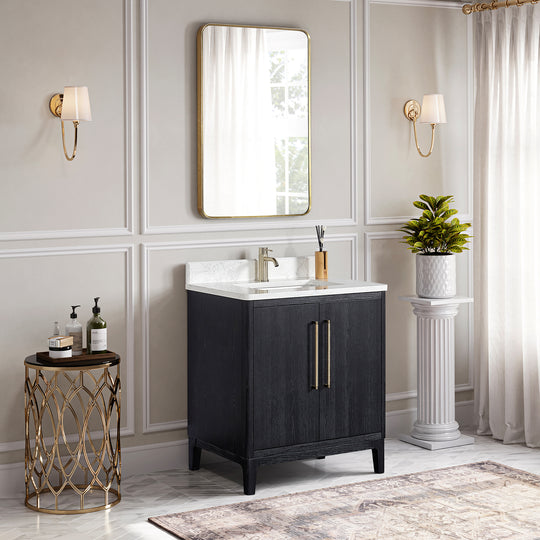 Issac Edwards 30" Free-standing Single Bath Vanity in Fir Wood Black with White Grain Composite Stone Top and Mirror