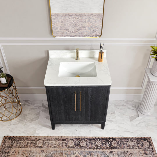 Issac Edwards 30" Free-standing Single Bath Vanity in Fir Wood Black with White Grain Composite Stone Top and Mirror