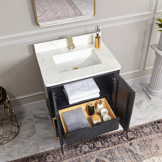 Issac Edwards 30" Free-standing Single Bath Vanity in Fir Wood Black with White Grain Composite Stone Top and Mirror