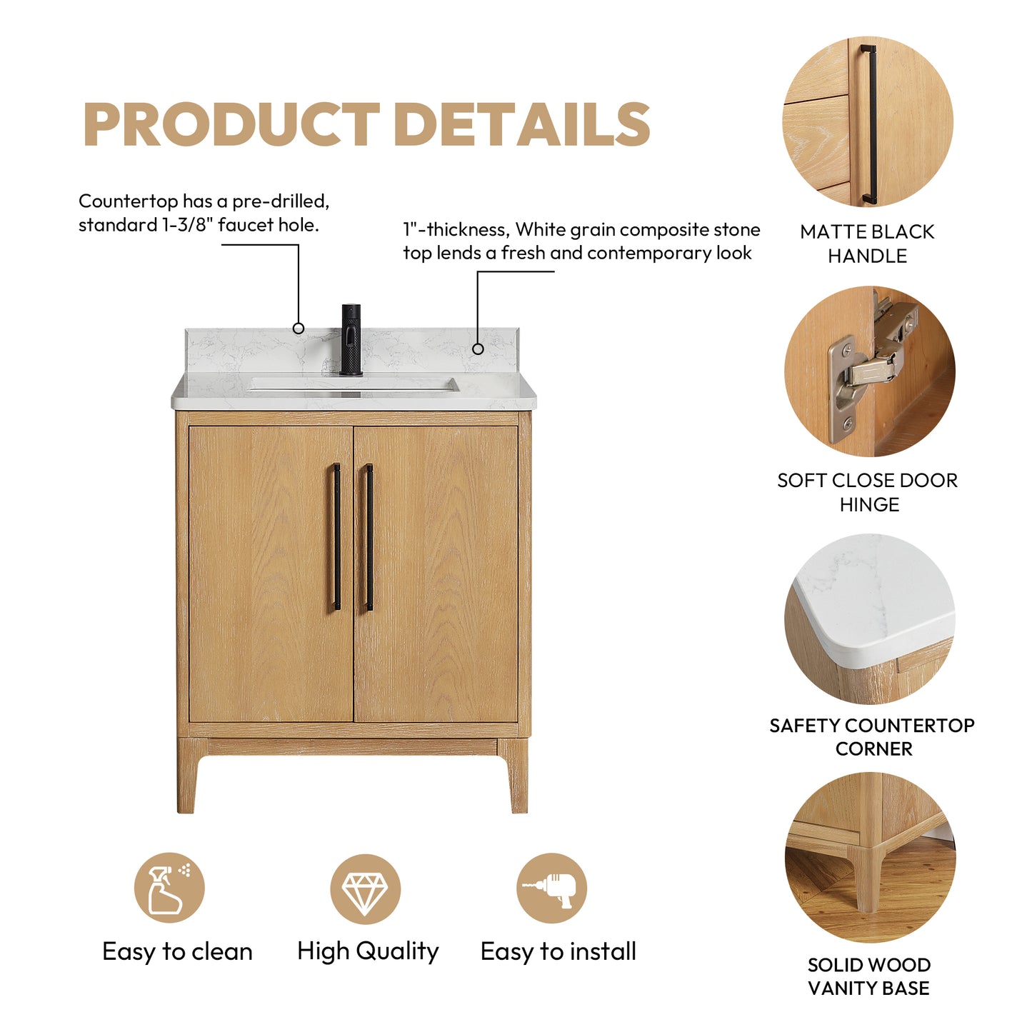 Gara 30" Free-standing Single Bath Vanity in Washed Ash Grey with White Grain Composite Stone Top