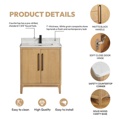 Gara 30" Free-standing Single Bath Vanity in Washed Ash Grey with White Grain Composite Stone Top
