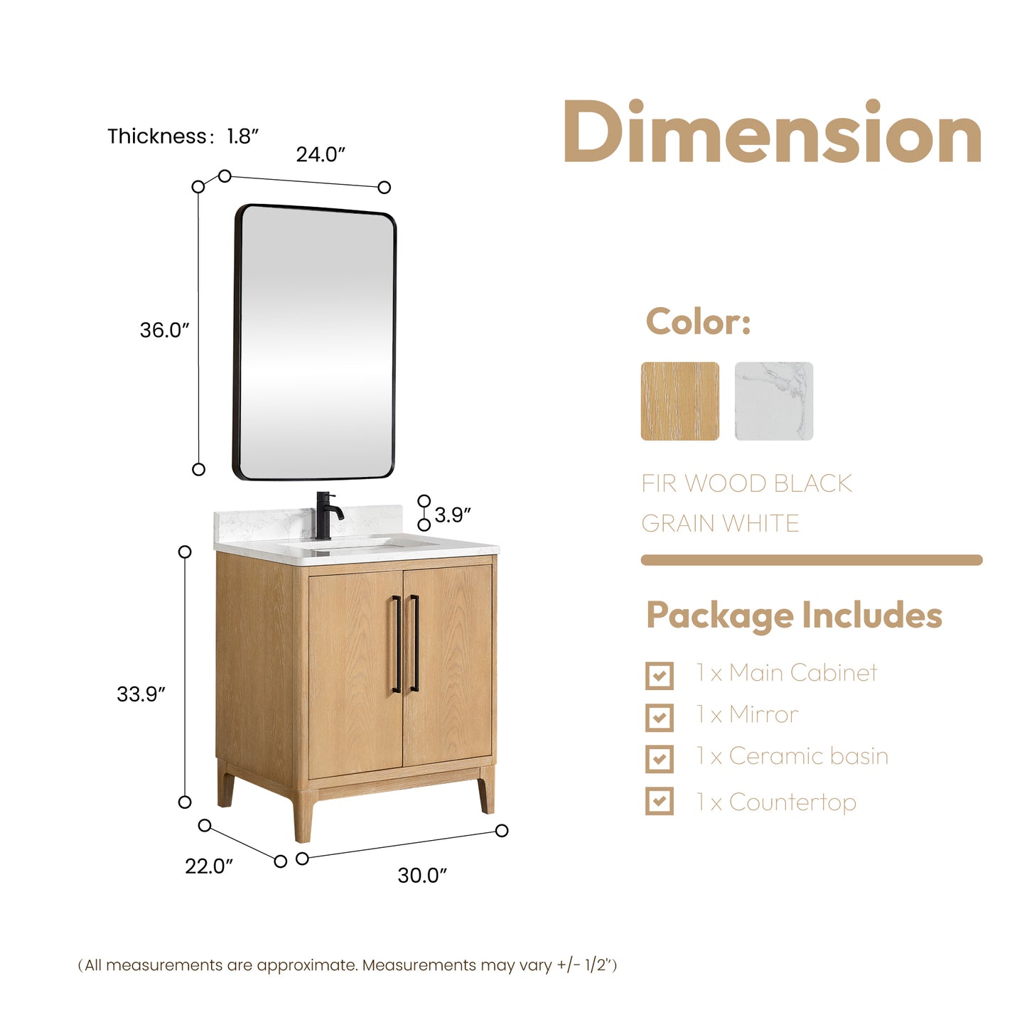 Gara 30" Free-standing Single Bath Vanity in Washed Ash Grey with White Grain Composite Stone Top