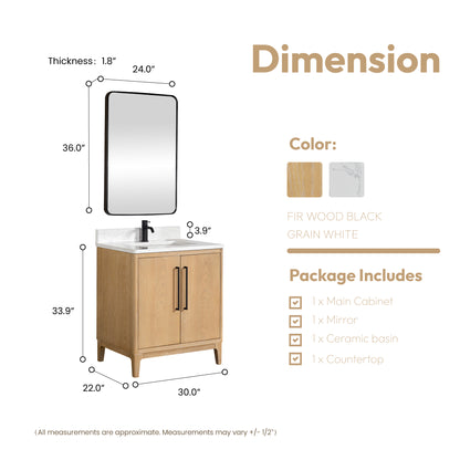 Gara 30" Free-standing Single Bath Vanity in Washed Ash Grey with White Grain Composite Stone Top