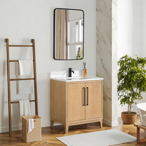 Gara 30" Free-standing Single Bath Vanity in Washed Ash Grey with White Grain Composite Stone Top
