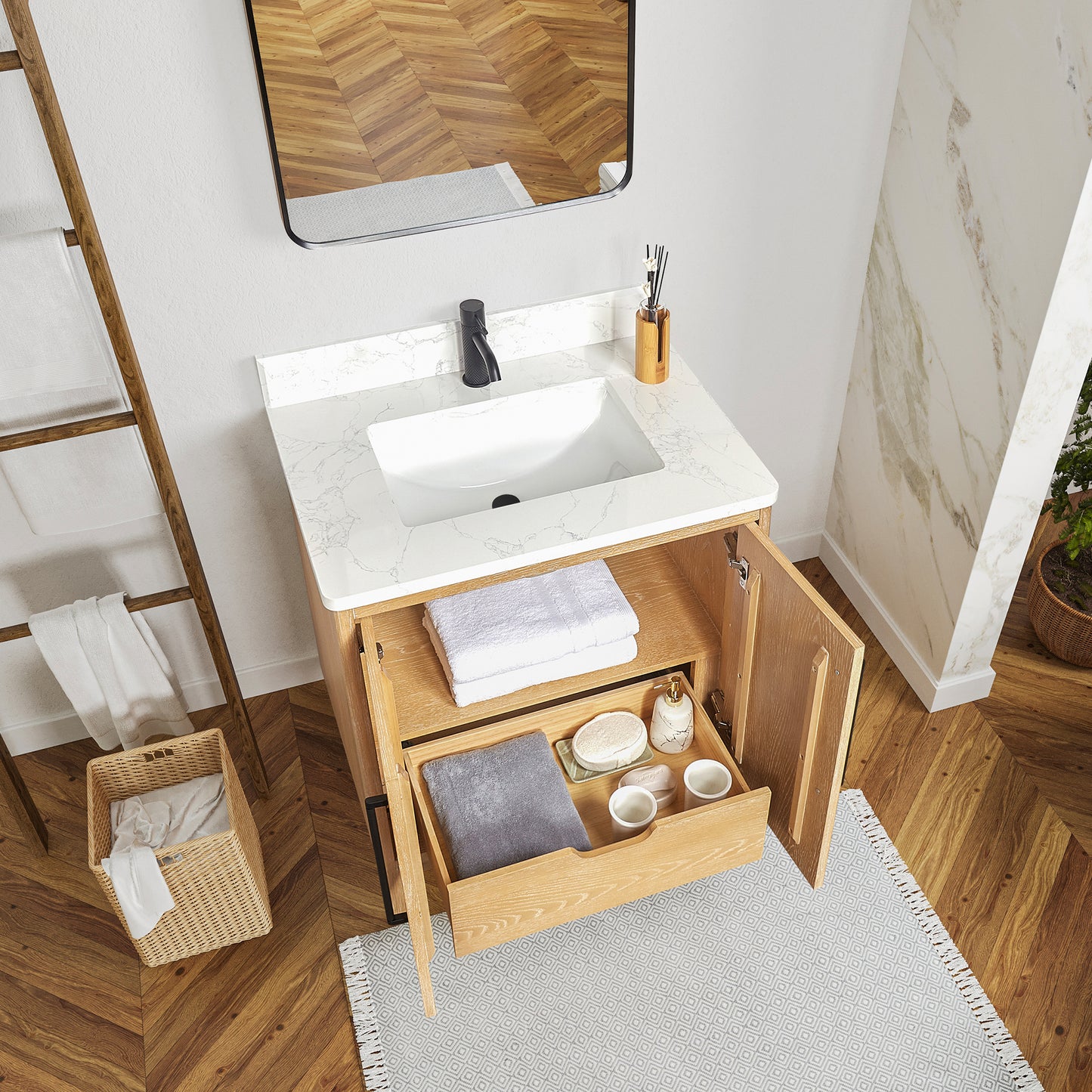 Gara 30" Free-standing Single Bath Vanity in Washed Ash Grey with White Grain Composite Stone Top