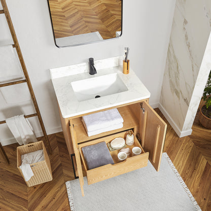 Gara 30" Free-standing Single Bath Vanity in Washed Ash Grey with White Grain Composite Stone Top