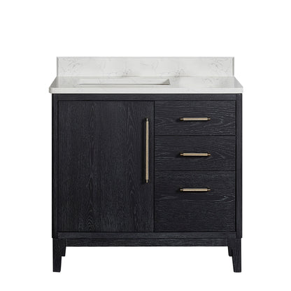 Gara 36" Free-standing Single Bath Vanity in Fir Wood Black with White Grain Composite Stone Top