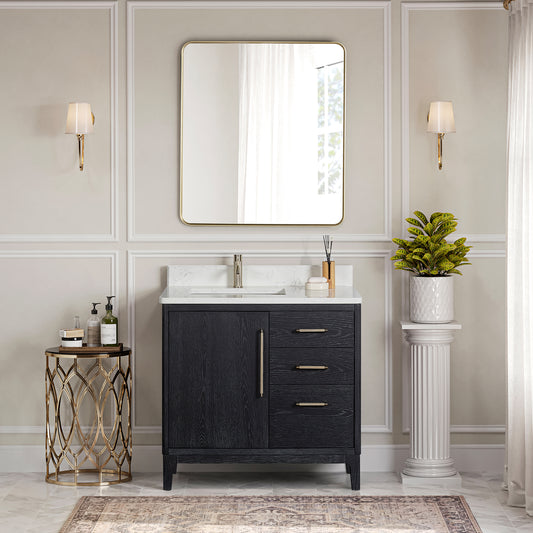 Gara 36" Free-standing Single Bath Vanity in Fir Wood Black with White Grain Composite Stone Top