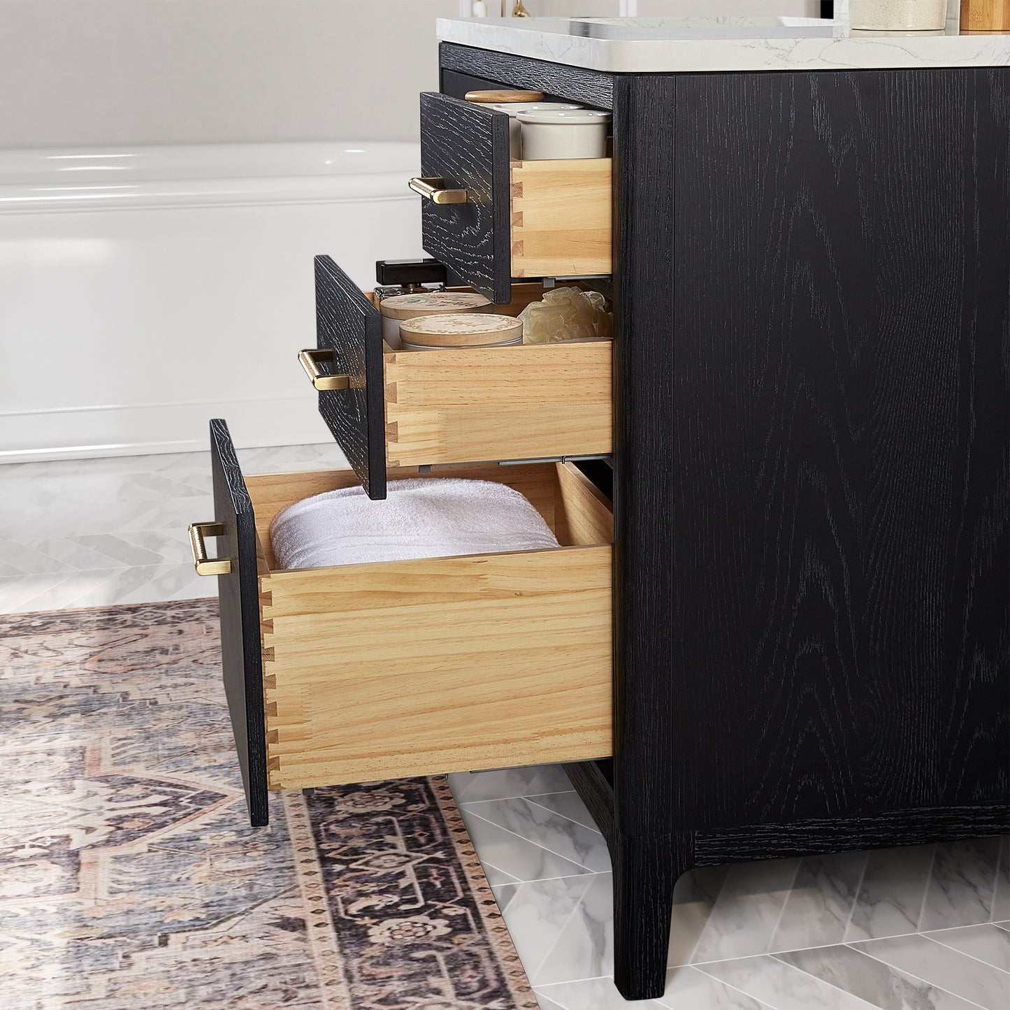 Gara 36" Free-standing Single Bath Vanity in Fir Wood Black with White Grain Composite Stone Top