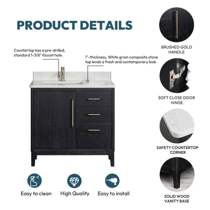 Gara 36" Free-standing Single Bath Vanity in Fir Wood Black with White Grain Composite Stone Top