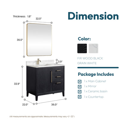 Gara 36" Free-standing Single Bath Vanity in Fir Wood Black with White Grain Composite Stone Top