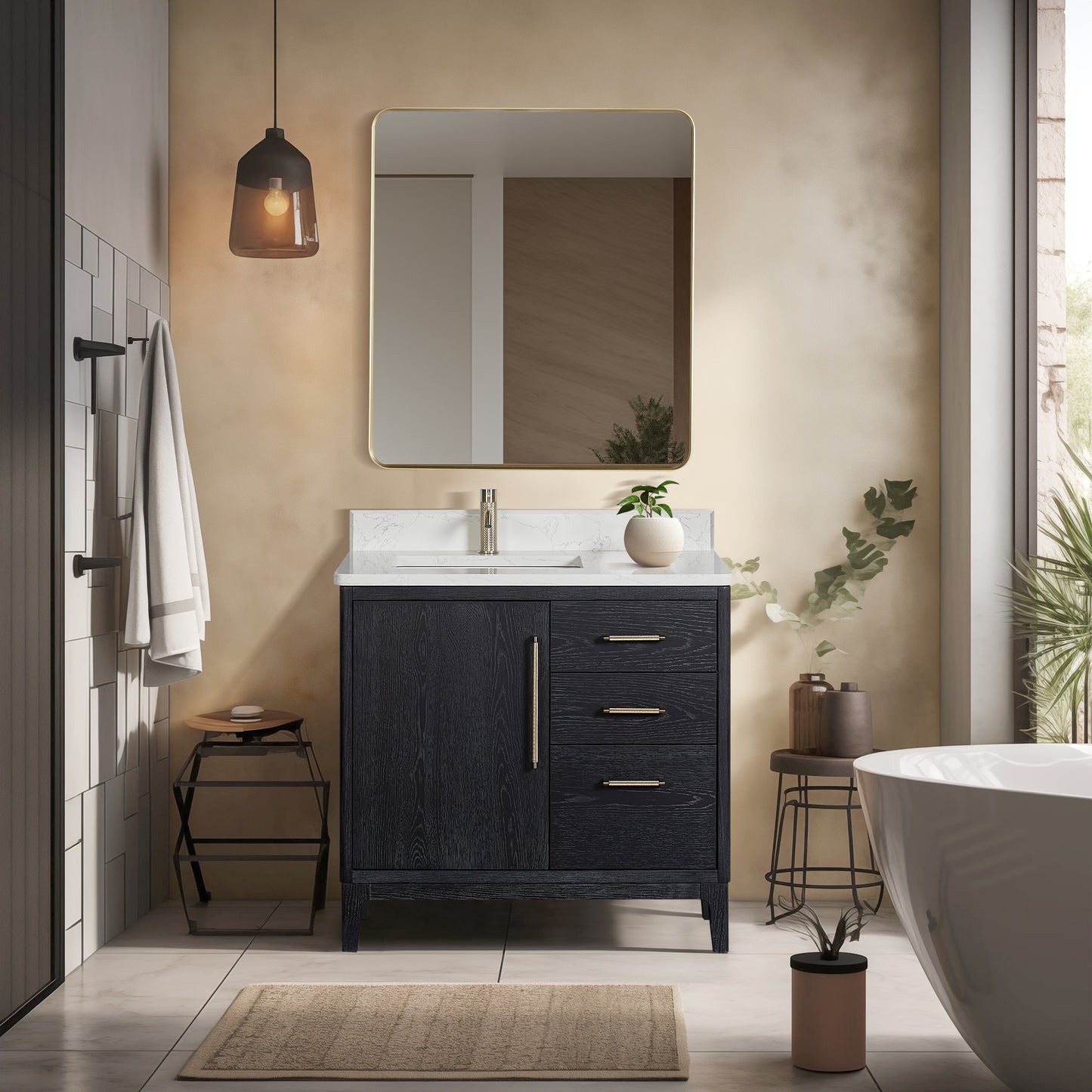 Gara 36" Free-standing Single Bath Vanity in Fir Wood Black with White Grain Composite Stone Top