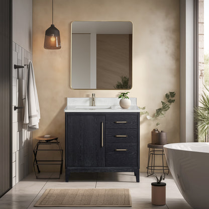 Gara 36" Free-standing Single Bath Vanity in Fir Wood Black with White Grain Composite Stone Top
