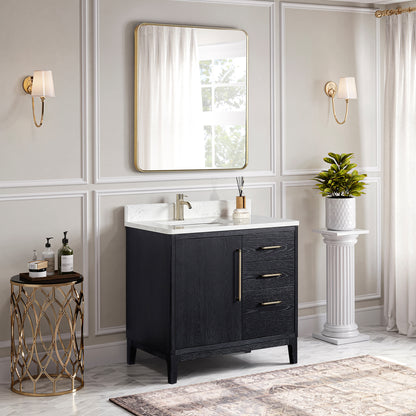 Gara 36" Free-standing Single Bath Vanity in Fir Wood Black with White Grain Composite Stone Top