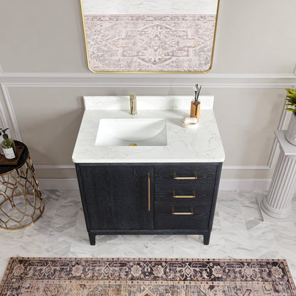 Gara 36" Free-standing Single Bath Vanity in Fir Wood Black with White Grain Composite Stone Top