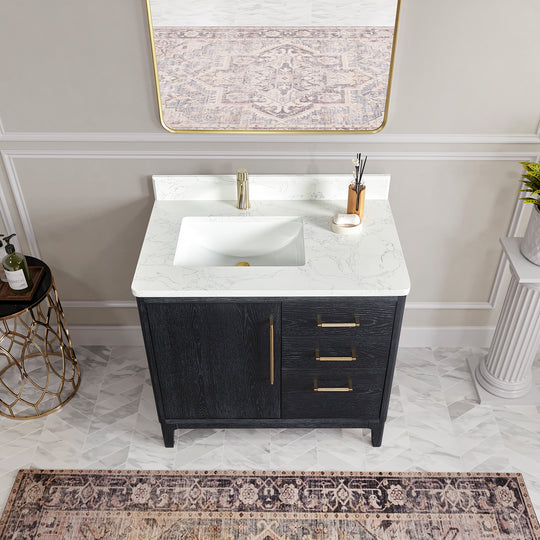 Issac Edwards 36" Free-standing Single Bath Vanity in Fir Wood Black with White Grain Composite Stone Top and Mirror