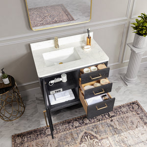 Gara 36" Free-standing Single Bath Vanity in Fir Wood Black with White Grain Composite Stone Top