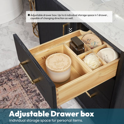 Gara 36" Free-standing Single Bath Vanity in Fir Wood Black with White Grain Composite Stone Top