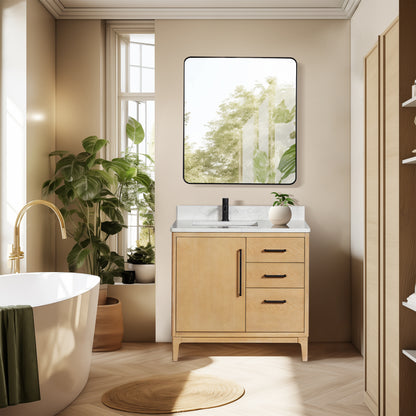 Gara 36" Free-standing Single Bath Vanity in Washed Ash Grey with White Grain Composite Stone Top