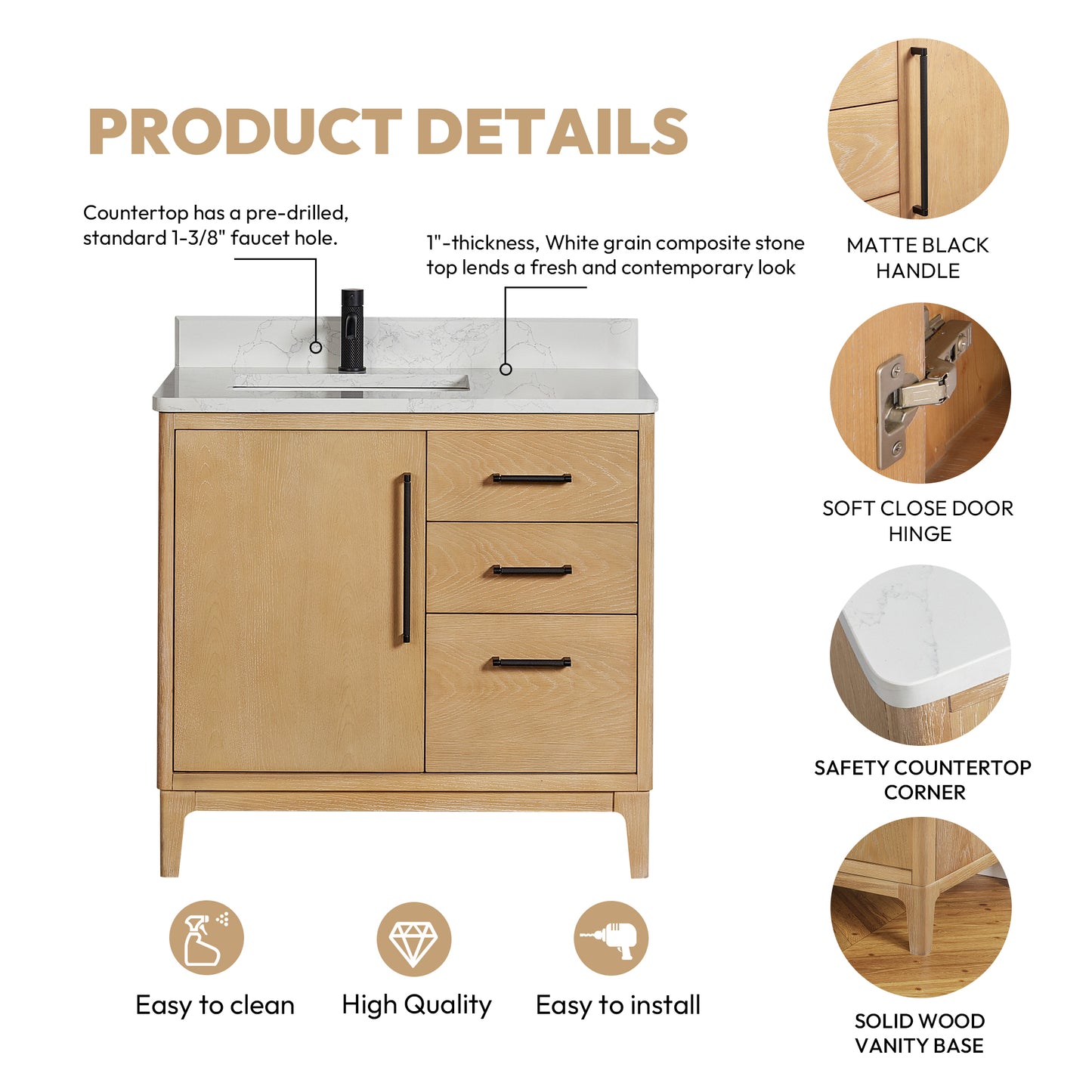 Gara 36" Free-standing Single Bath Vanity in Washed Ash Grey with White Grain Composite Stone Top