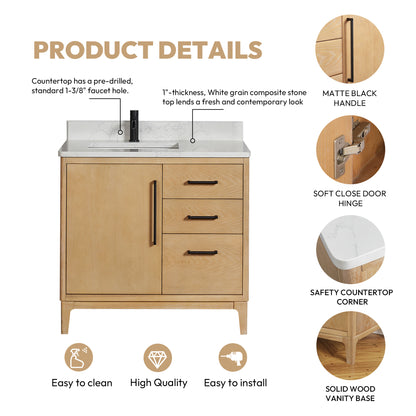 Gara 36" Free-standing Single Bath Vanity in Washed Ash Grey with White Grain Composite Stone Top