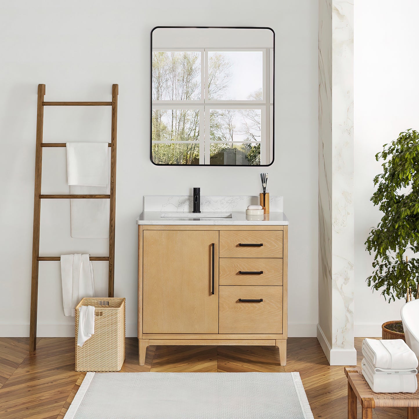 Gara 36" Free-standing Single Bath Vanity in Washed Ash Grey with White Grain Composite Stone Top