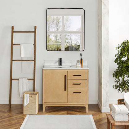 Gara 36" Free-standing Single Bath Vanity in Washed Ash Grey with White Grain Composite Stone Top