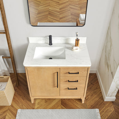 Gara 36" Free-standing Single Bath Vanity in Washed Ash Grey with White Grain Composite Stone Top